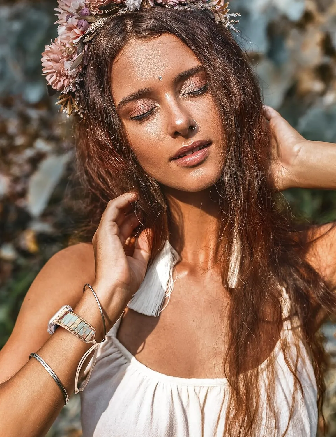 W-RARA Boho Stone Bracelet Compatible with Apple Watch Band 38/40/41/42/44/45/46/49mm Women, Handmade Natural Stone Colorful Jasper Strap for iWatch Series 10 9 8 7 6 5 4 3 2 1 SE Ultra(1/2)