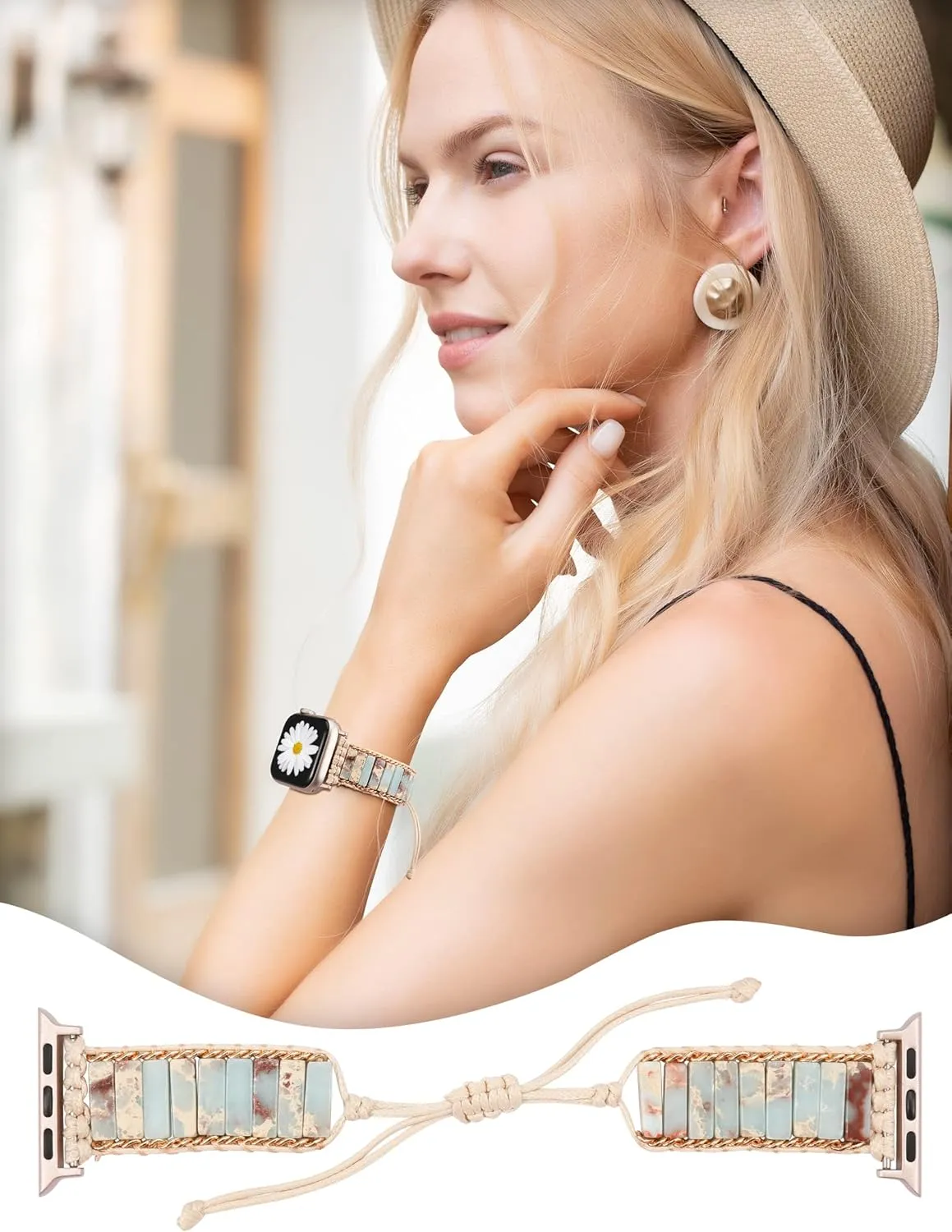 W-RARA Boho Stone Bracelet Compatible with Apple Watch Band 38/40/41/42/44/45/46/49mm Women, Handmade Natural Stone Colorful Jasper Strap for iWatch Series 10 9 8 7 6 5 4 3 2 1 SE Ultra(1/2)