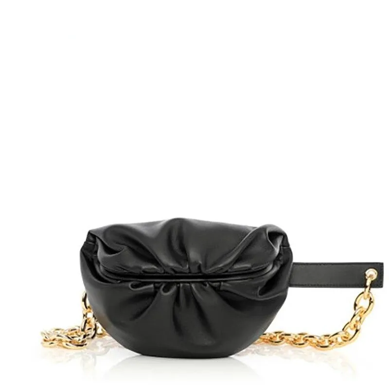 Waist Bag Women Cowhide Leather with Big Metal Adjustable Chains Decoration Cloud Chest Bag