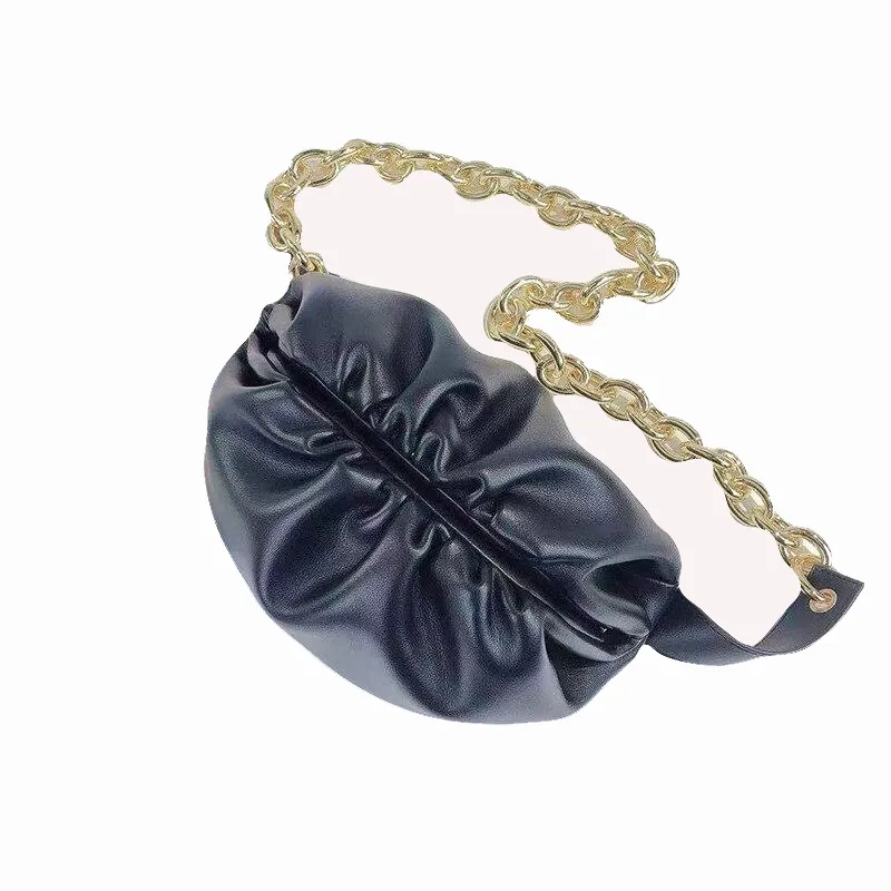 Waist Bag Women Cowhide Leather with Big Metal Adjustable Chains Decoration Cloud Chest Bag