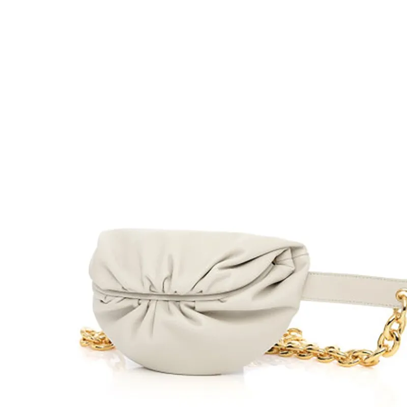 Waist Bag Women Cowhide Leather with Big Metal Adjustable Chains Decoration Cloud Chest Bag