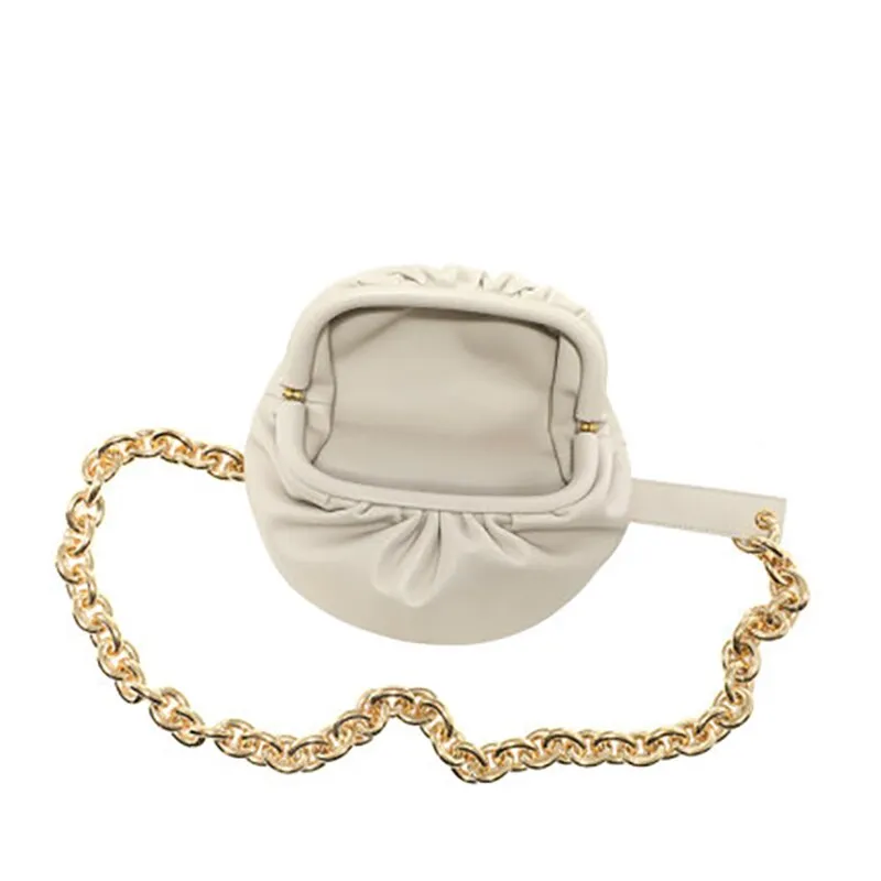 Waist Bag Women Cowhide Leather with Big Metal Adjustable Chains Decoration Cloud Chest Bag