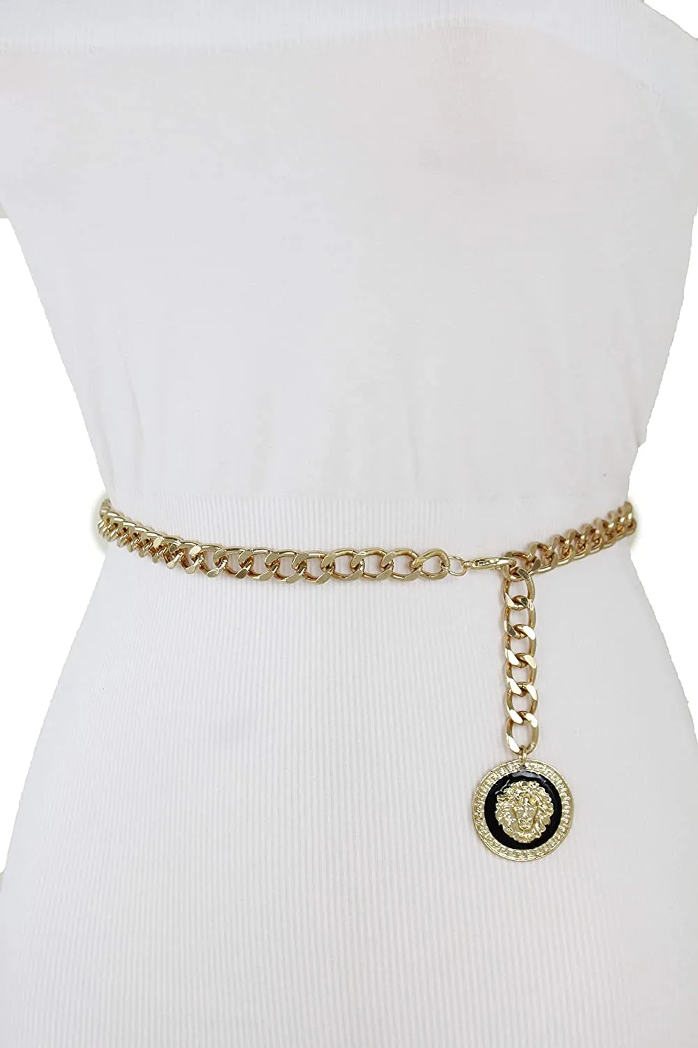 Women Waist Hip Gold Metal Chain Fashion Belt Coin Lion Charm Buckle