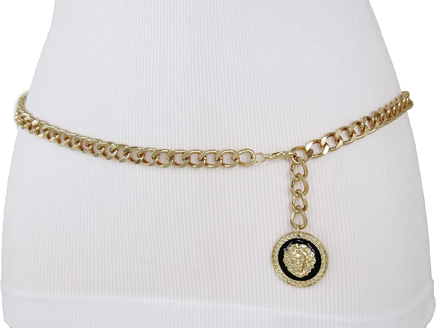 Women Waist Hip Gold Metal Chain Fashion Belt Coin Lion Charm Buckle