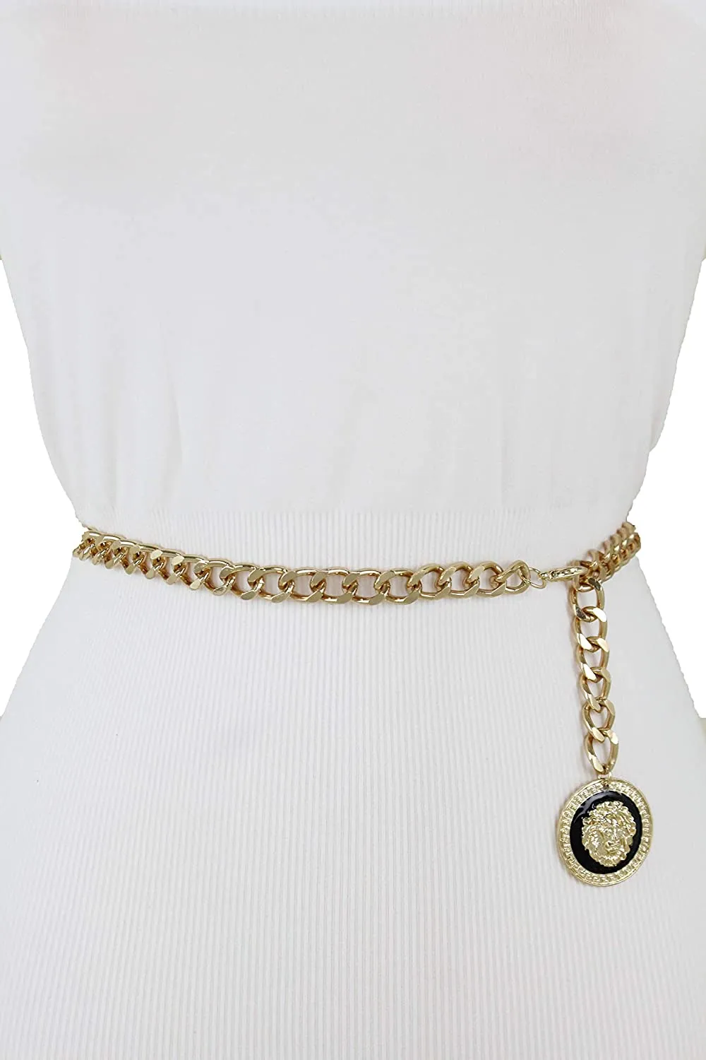 Women Waist Hip Gold Metal Chain Fashion Belt Coin Lion Charm Buckle