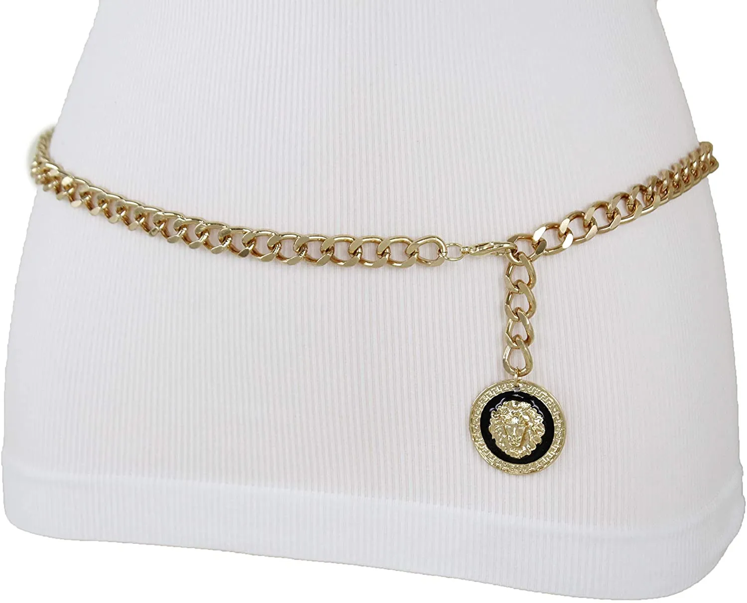 Women Waist Hip Gold Metal Chain Fashion Belt Coin Lion Charm Buckle