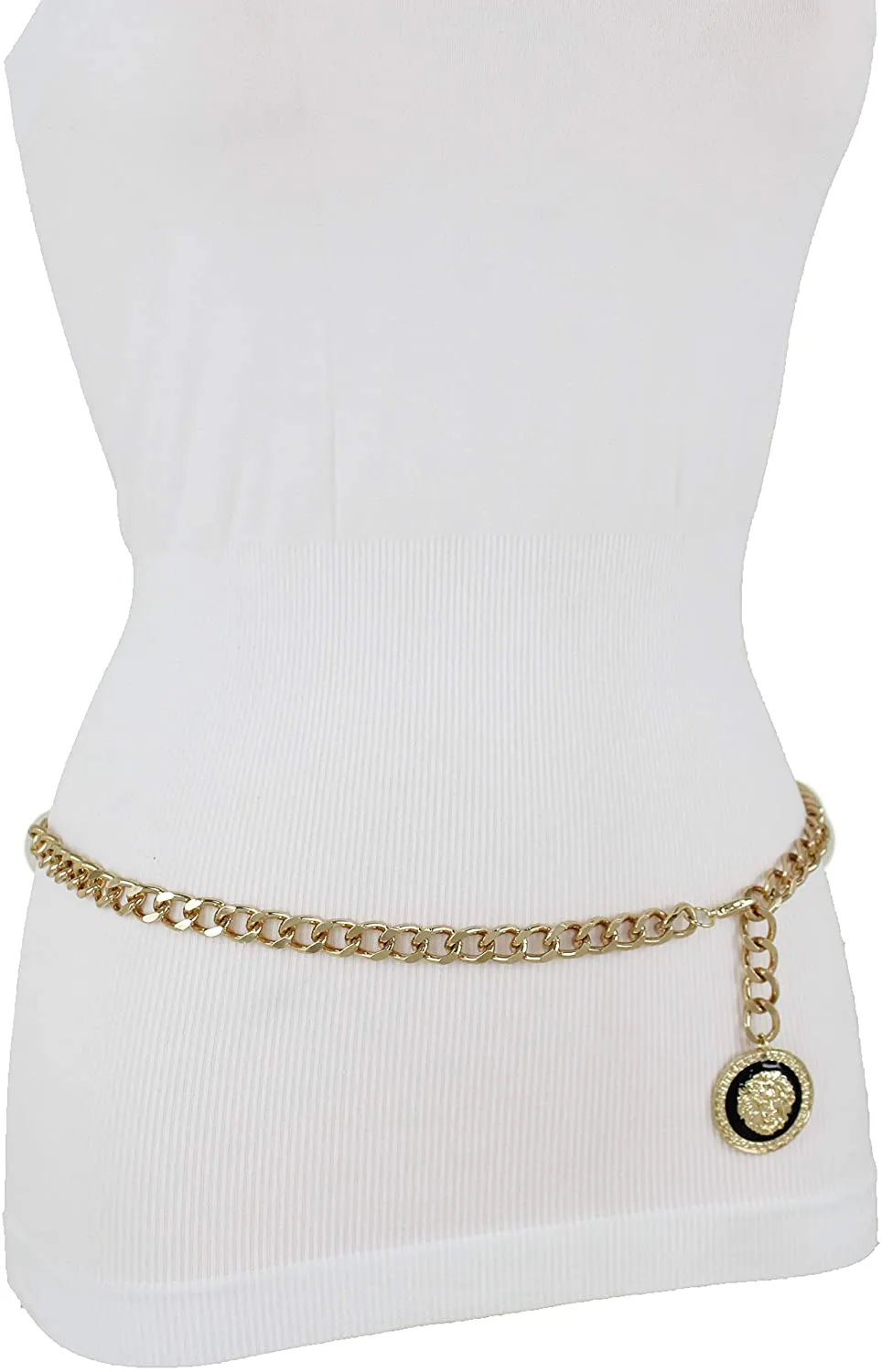 Women Waist Hip Gold Metal Chain Fashion Belt Coin Lion Charm Buckle